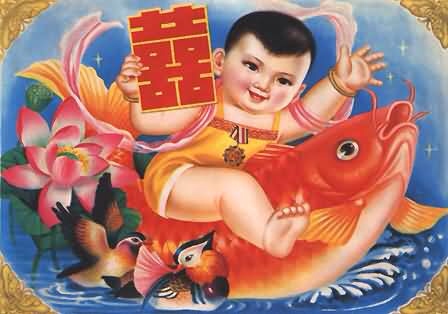 Chinese lucky boy on carp fish